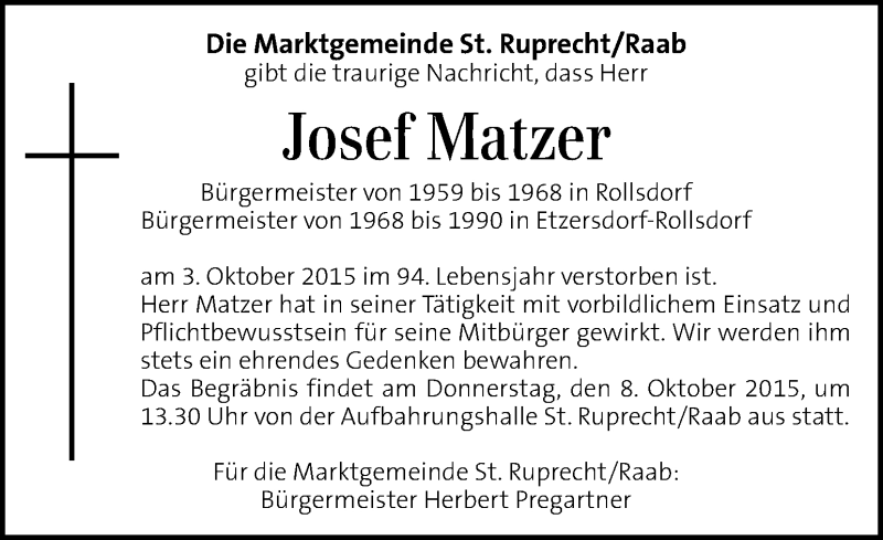  Traueranzeige für Josef Matzer vom 07.10.2015 aus Kleine Zeitung