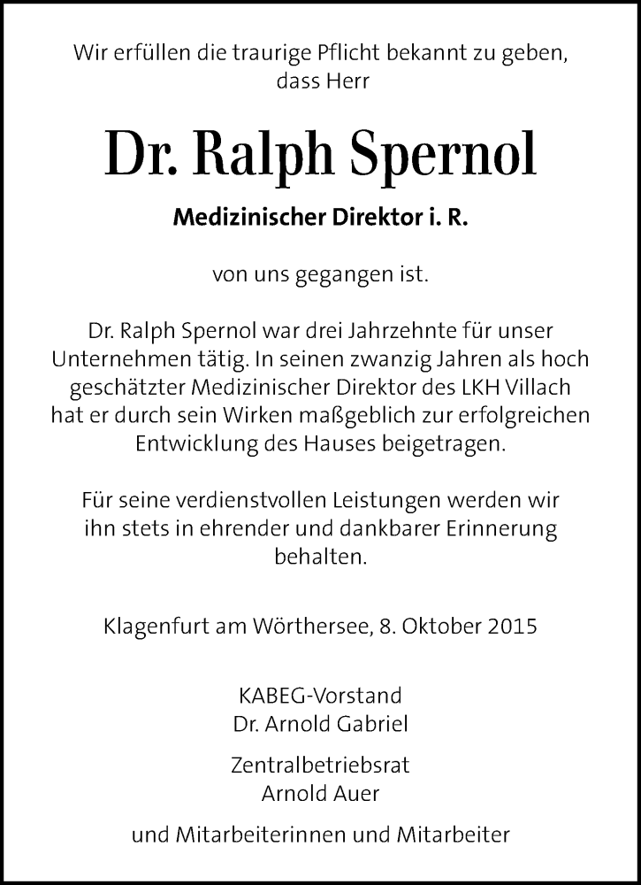  Traueranzeige für Ralph Spernol vom 08.10.2015 aus Kleine Zeitung