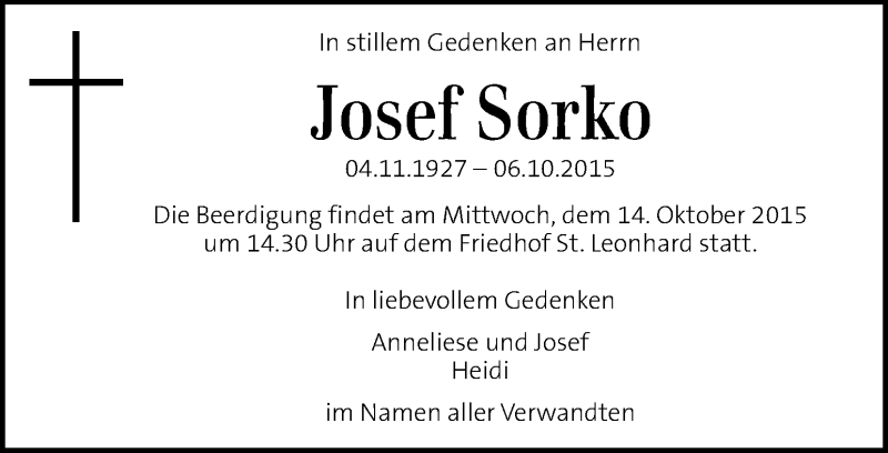  Traueranzeige für Josef Sorko vom 10.10.2015 aus Kleine Zeitung