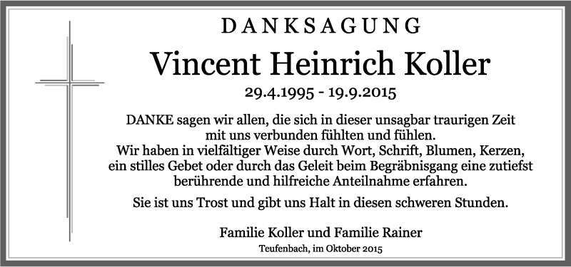  Traueranzeige für Vincent Heinrich Koller vom 17.10.2015 aus Kleine Zeitung