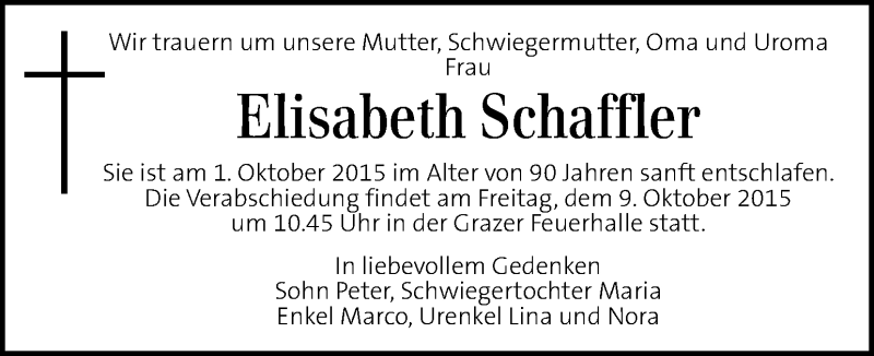  Traueranzeige für Elisabeth Schaffler vom 07.10.2015 aus Kleine Zeitung