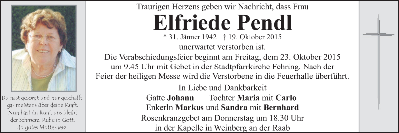  Traueranzeige für Elfriede Pendl vom 22.10.2015 aus Kleine Zeitung