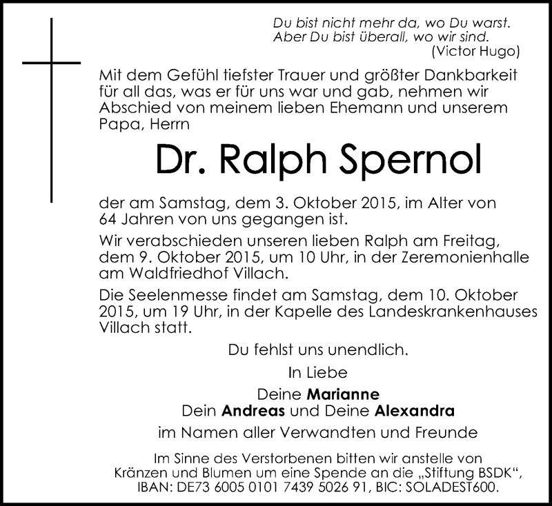  Traueranzeige für Ralph Spernol vom 08.10.2015 aus Kleine Zeitung