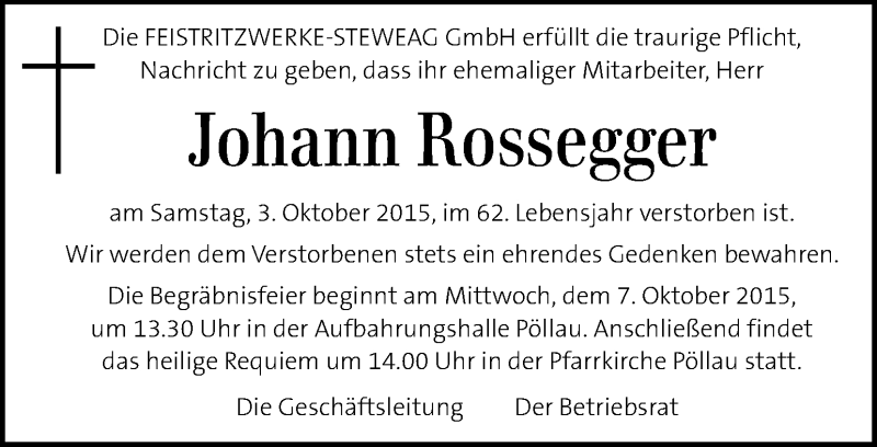  Traueranzeige für Johann Rossegger vom 06.10.2015 aus Kleine Zeitung