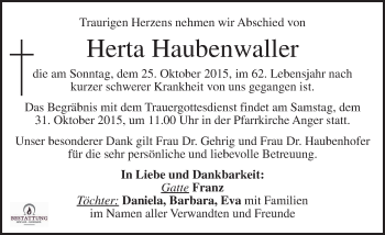 Traueranzeige von Herta Haubenwaller von Kleine Zeitung