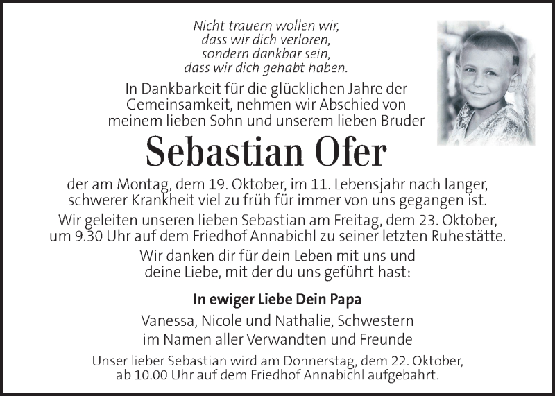  Traueranzeige für Sebastian Ofer vom 22.10.2015 aus Kleine Zeitung