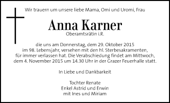 Traueranzeige von Anna Karner von Kleine Zeitung