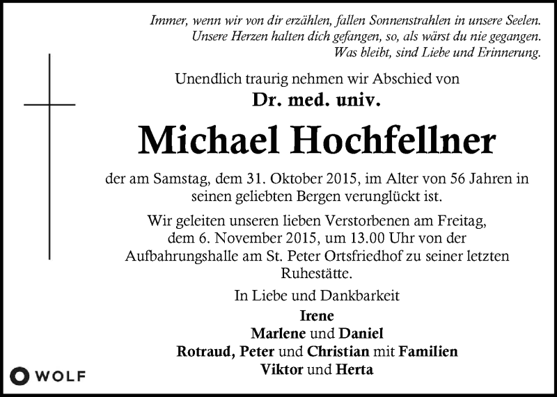  Traueranzeige für Michael Hochfellner vom 04.11.2015 aus Kleine Zeitung