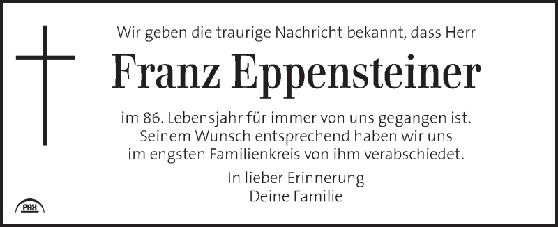  Traueranzeige für Franz Eppensteiner vom 06.11.2015 aus Kleine Zeitung