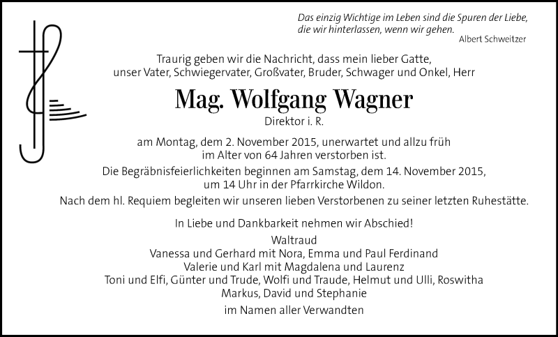  Traueranzeige für Wolfgang Wagner vom 08.11.2015 aus Kleine Zeitung