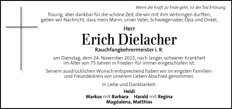  Traueranzeige für Erich Dielacher vom 28.11.2015 aus Kleine Zeitung
