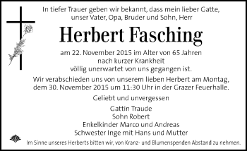 Traueranzeige von Herbert Fasching von Kleine Zeitung