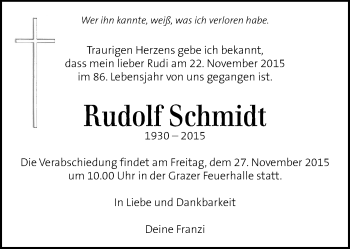 Traueranzeige von Rudolf Schmidt von Kleine Zeitung