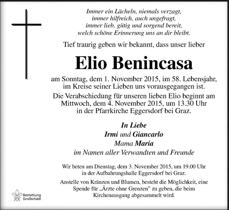  Traueranzeige für Elio Benincasa vom 03.11.2015 aus Kleine Zeitung