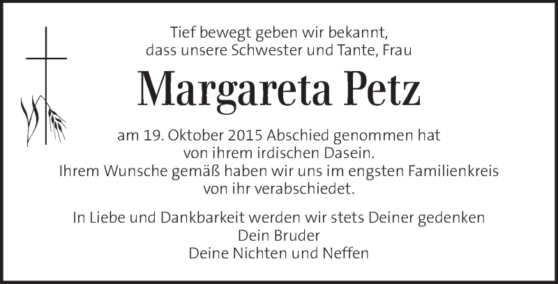  Traueranzeige für Margareta Petz vom 07.11.2015 aus Kleine Zeitung