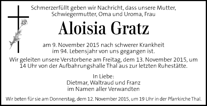  Traueranzeige für Aloisia Gratz vom 11.11.2015 aus Kleine Zeitung
