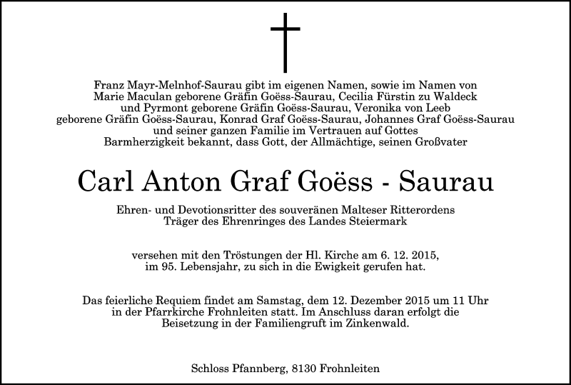  Traueranzeige für Carl Anton Goess-Saurau vom 10.12.2015 aus Kleine Zeitung