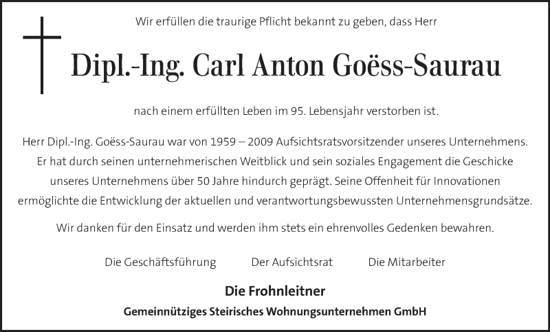  Traueranzeige für Carl Anton Goess-Saurau vom 11.12.2015 aus Kleine Zeitung