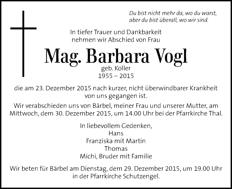  Traueranzeige für Barbara Vogl vom 29.12.2015 aus Kleine Zeitung