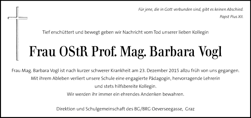 Traueranzeige für Barbara Vogl vom 30.12.2015 aus Kleine Zeitung