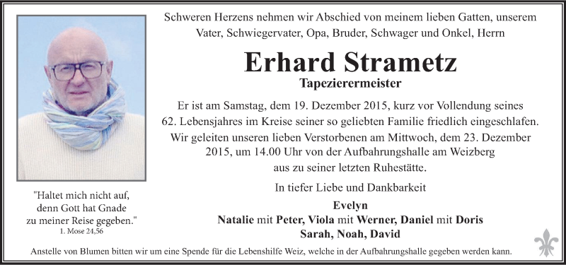  Traueranzeige für Erhard Strametz vom 22.12.2015 aus Kleine Zeitung