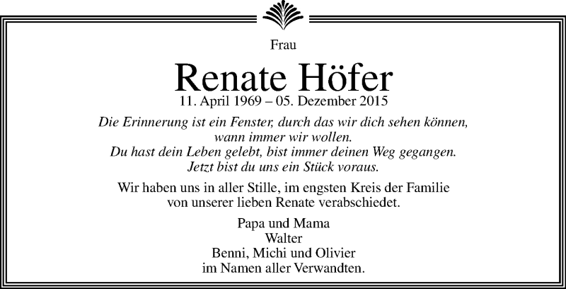  Traueranzeige für Renate Höfer vom 15.12.2015 aus Kleine Zeitung