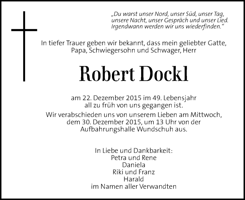  Traueranzeige für Robert Dockl vom 29.12.2015 aus Kleine Zeitung