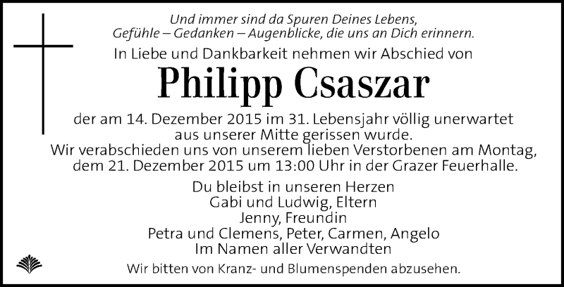  Traueranzeige für Philipp Csaszar vom 18.12.2015 aus Kleine Zeitung