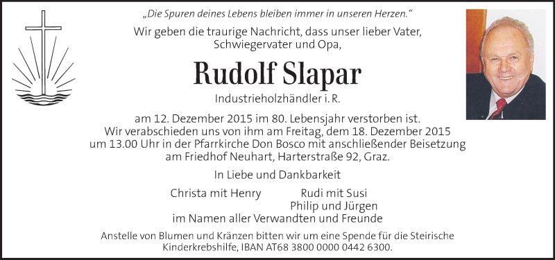 Traueranzeige für Rudolf Slapar vom 15.12.2015 aus Kleine Zeitung