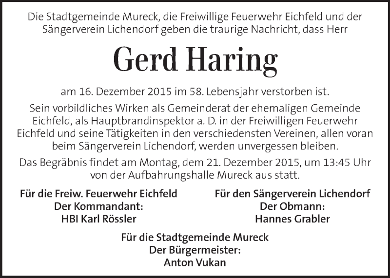  Traueranzeige für Gerd Haring vom 19.12.2015 aus Kleine Zeitung