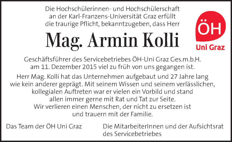  Traueranzeige für Armin Kolli vom 17.12.2015 aus Kleine Zeitung