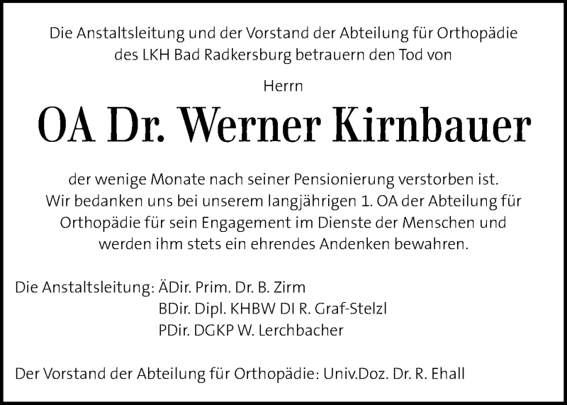  Traueranzeige für Werner Kirnbauer  vom 30.12.2015 aus Kleine Zeitung