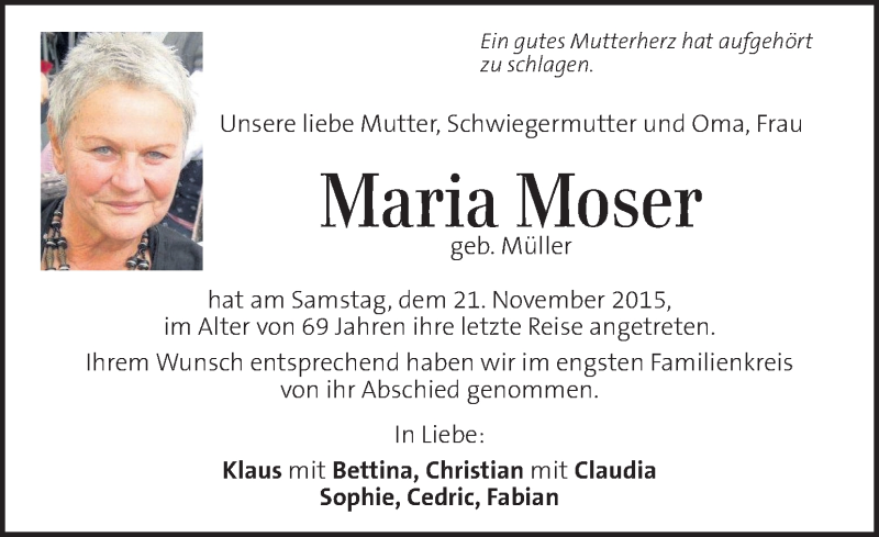  Traueranzeige für Maria Moser vom 12.12.2015 aus Kleine Zeitung