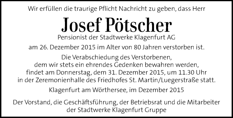  Traueranzeige für Josef Pötscher vom 30.12.2015 aus Kleine Zeitung