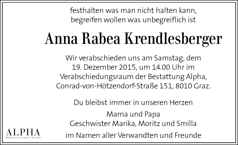  Traueranzeige für Anna Rabea Krendlesberger vom 17.12.2015 aus Kleine Zeitung