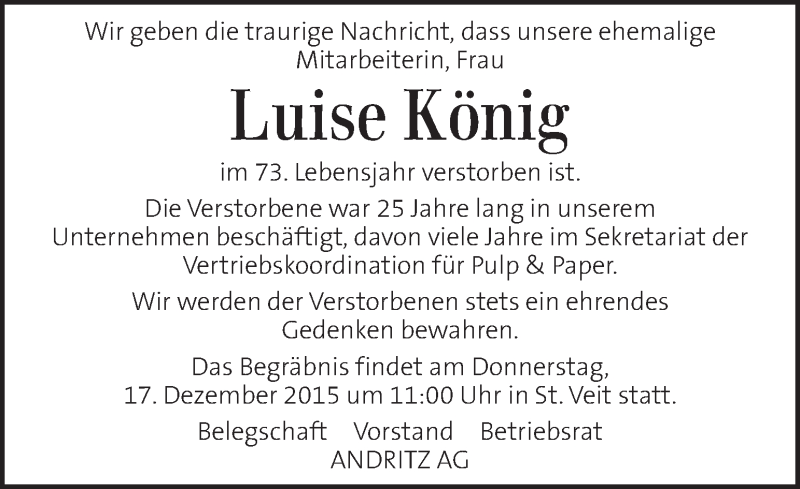  Traueranzeige für Luise König vom 16.12.2015 aus Kleine Zeitung