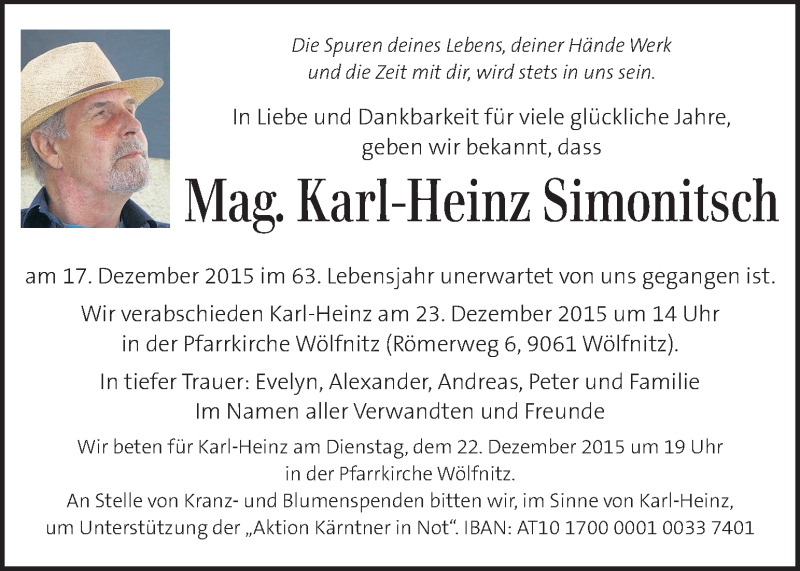 Traueranzeige für Karl-Heinz Simonitsch vom 22.12.2015 aus Kleine Zeitung