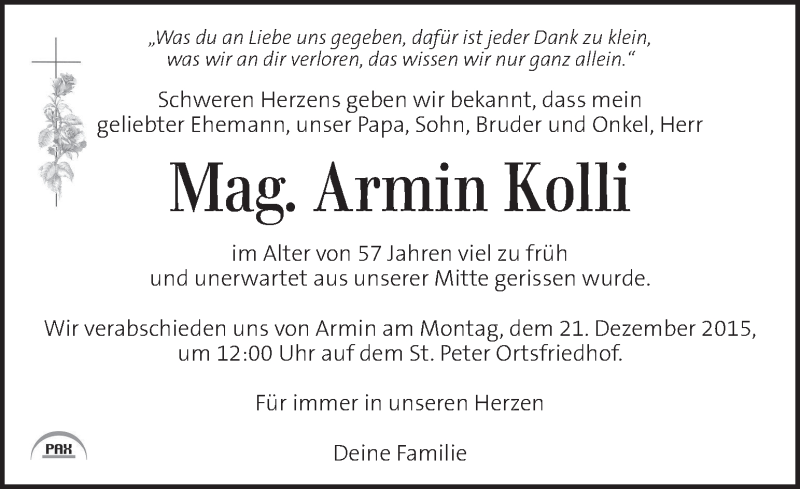  Traueranzeige für Armin Kolli vom 17.12.2015 aus Kleine Zeitung