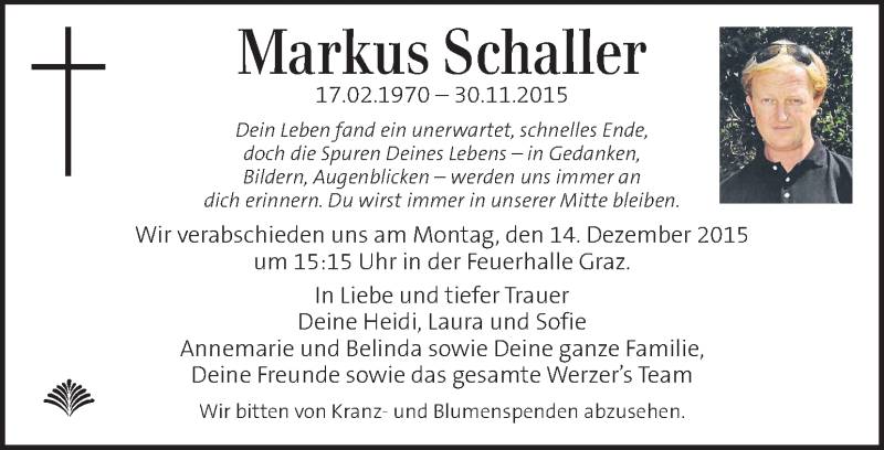  Traueranzeige für Markus Schaller vom 05.12.2015 aus Kleine Zeitung