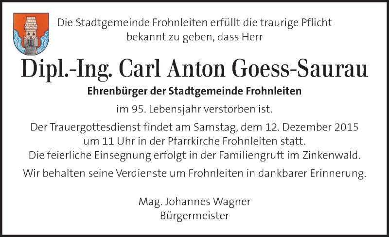  Traueranzeige für Carl Anton Goess-Saurau vom 10.12.2015 aus Kleine Zeitung