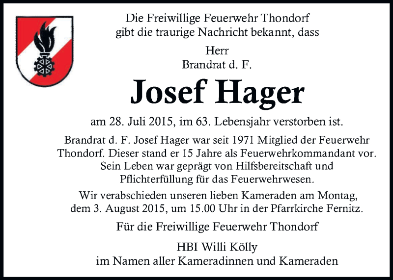  Traueranzeige für Josef Hager vom 31.07.2015 aus Kleine Zeitung