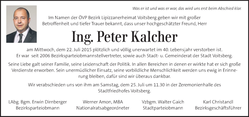  Traueranzeige für Peter Kalcher vom 25.07.2015 aus Kleine Zeitung