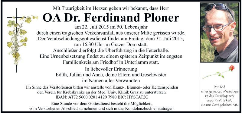  Traueranzeige für Ferdinand Ploner vom 29.07.2015 aus Kleine Zeitung