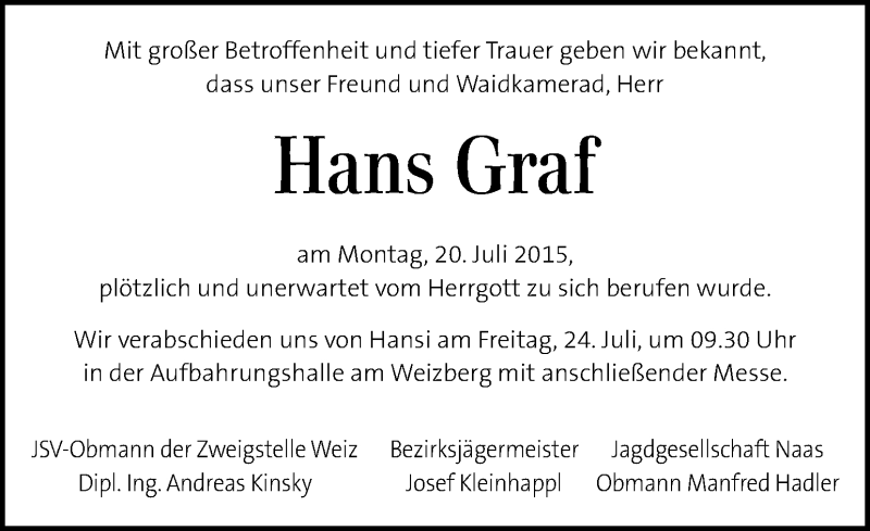  Traueranzeige für Hans Graf vom 23.07.2015 aus Kleine Zeitung