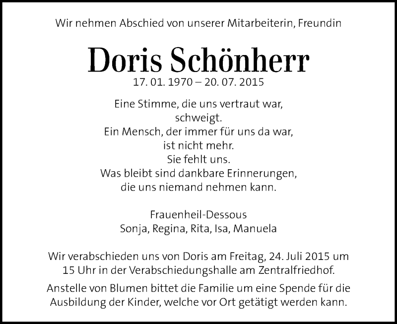  Traueranzeige für Doris Schönherr vom 23.07.2015 aus Kleine Zeitung