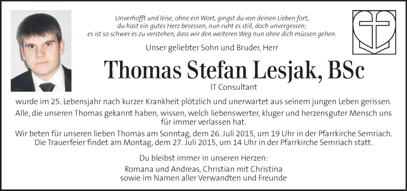  Traueranzeige für Thomas Stefan Lesjak vom 24.07.2015 aus Kleine Zeitung