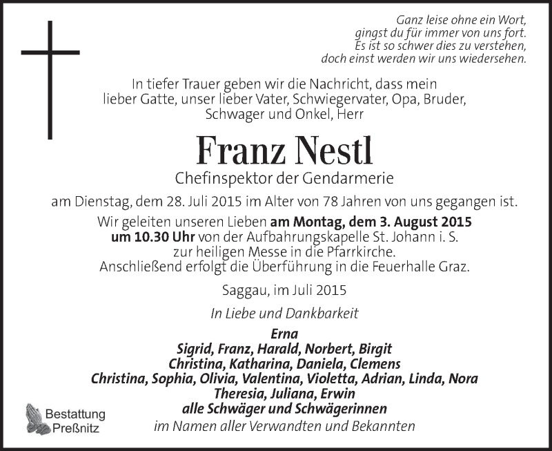  Traueranzeige für Franz Nestl vom 01.08.2015 aus Kleine Zeitung