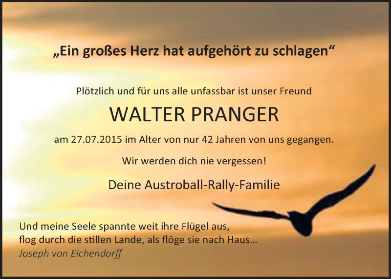  Traueranzeige für Walter Pranger vom 31.07.2015 aus Kleine Zeitung