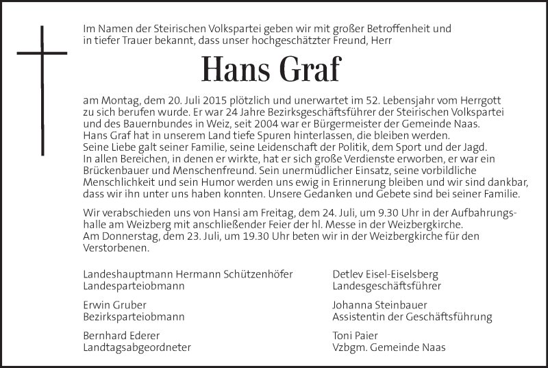  Traueranzeige für Hans Graf vom 23.07.2015 aus Kleine Zeitung