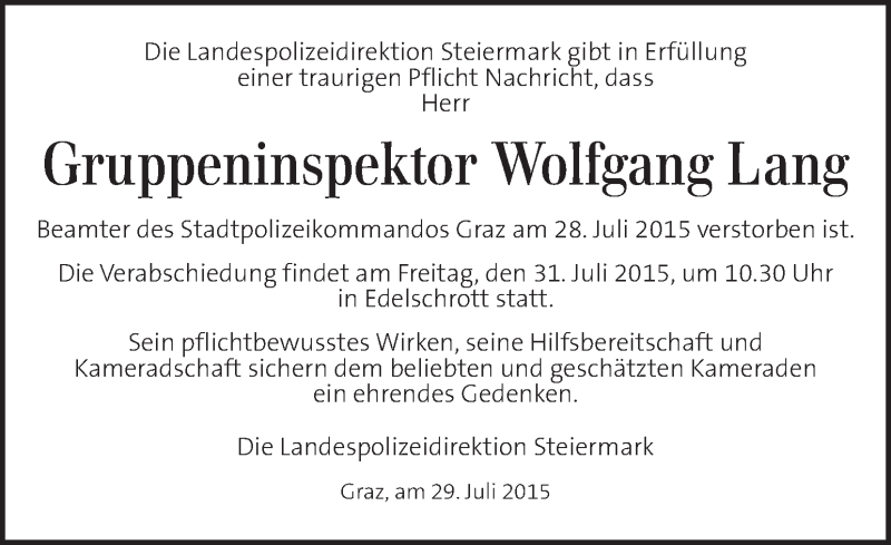  Traueranzeige für Wolfgang Lang vom 30.07.2015 aus Kleine Zeitung